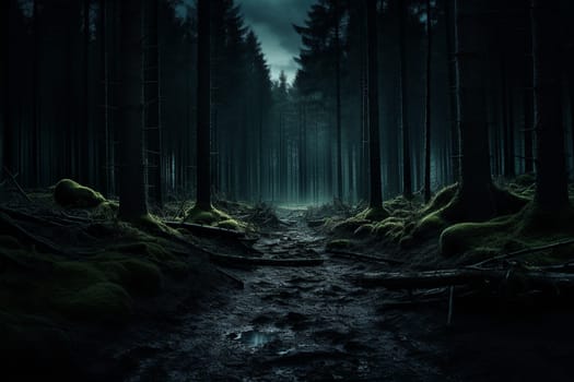 Realistic haunted forest creepy landscape at night. Fantasy Halloween forest background. Surreal mysterious atmospheric woods design backdrop. 3D illustration.