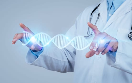 Unrecognizable medical innovator navigates blue-hued virtual DNA with CRISPR precision