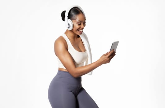 black woman with headphones listens song on phone, white background