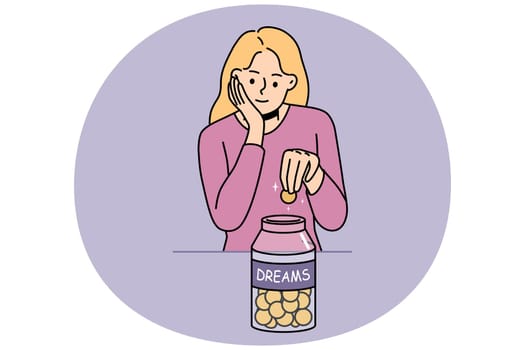WebSmiling woman gather coins in jar for dreams