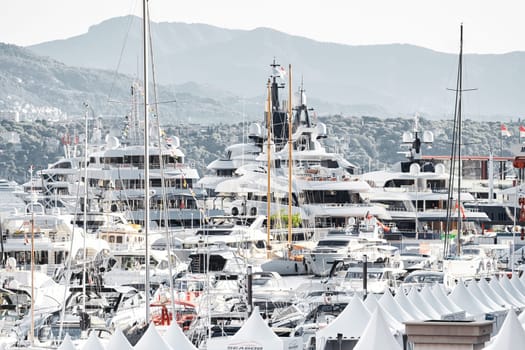 Monaco, Monte Carlo, 01 October 2022 - The famous motorboat exhibition at morning, mega yacht show, novelties of the boating industry