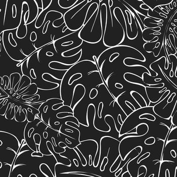 Seamless pattern of contour tropical monstera leaves on a black background. Textile, decor for pastel linen