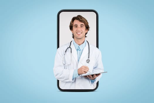 Cheerful male doctor with tablet inside smartphone frame