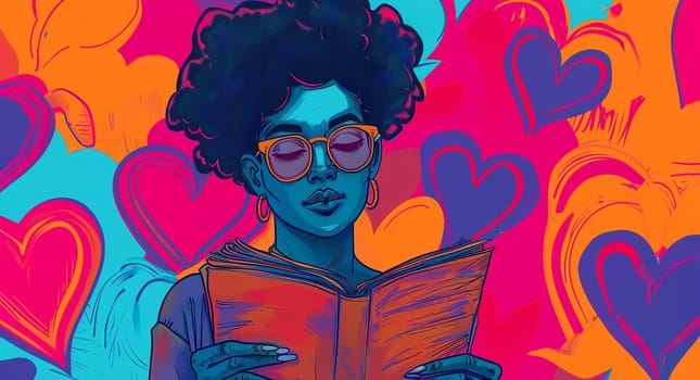 International Quirkyalone Day, February 14. Beautiful Stylish Woman With Curly Hair Reading book, line art, Colorful Hearts are on background. AI Generated Horizontal