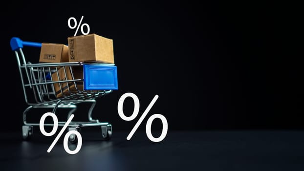 Shopping concept. Paper boxes in blue shopping cart with sale price tag on white background. online shopping consumers can shop from home and delivery service. with copy space.
