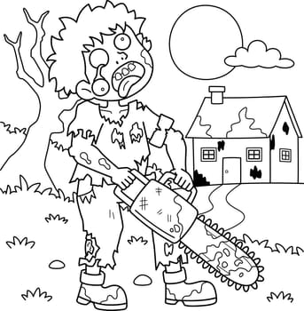 Zombie with Chainsaw Coloring Page for Kids