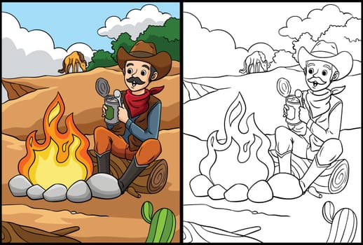 Cowboy Campfire Coloring Page Colored Illustration