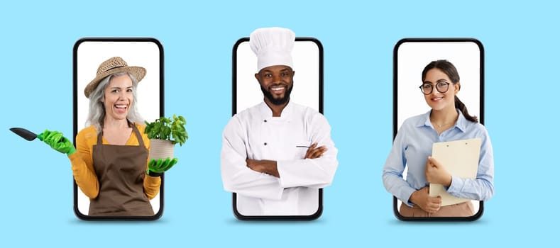 Group of cheerful workers from different jobs displayed on smartphone screens