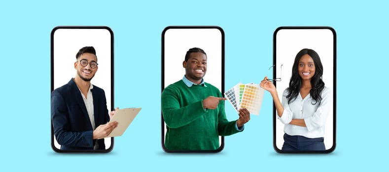 Job Search App. People Of Different Professions Posing On Smartphone Screens