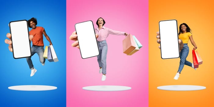 Online Store. Multiethnic People Holding Shopping Bags Jumping With Big Blank Smartphone