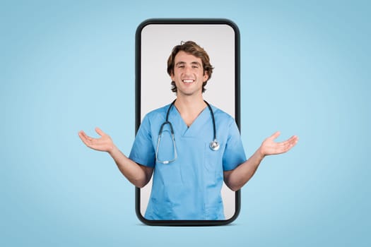 Telehealth nurse with open arms on smartphone screen
