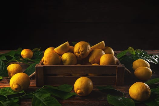 Crate of freshly picked lemons 