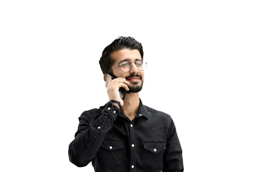 Man, on a white background, close-up, with a phone