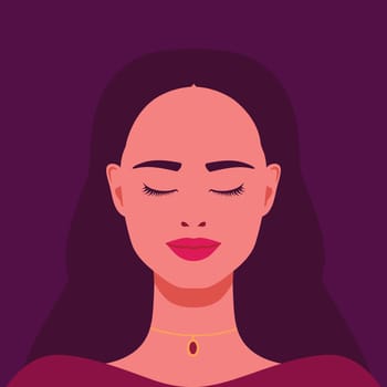Portrait of a Beautiful young woman with closed eyes. Avatar of a girl with necklace. Vector illustration
