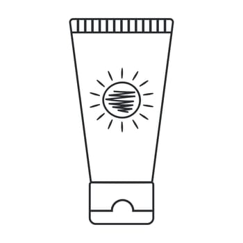 Line icon of a sunscreen product. SPF summer skincare product. SPF cream or lotion outline. Vector illustration