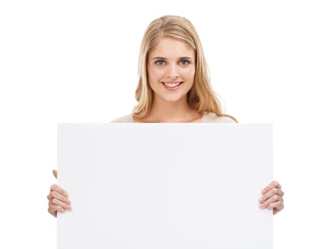 Portrait, woman and smile with blank poster, promotion and opportunity isolated on a white studio background. Face, person and model with mockup space, announcement and billboard with information