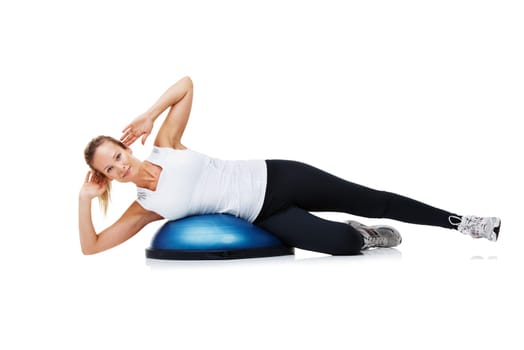 Sports, half ball and portrait of woman in a studio for stretching body workout or training with balance. Fitness, equipment and young female person with muscle warm up exercise by white background.