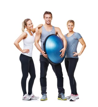 Fitness portrait, half ball and happy people for wellness, studio workout or pilates class with gym equipment. Team happiness, studio training and group smile for active exercise on white background.