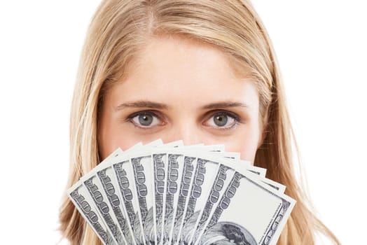 Face, eyes and woman with money fan, bonus for success or reward, cashback or lotto win on white background. Cash, award or salary with financial freedom, investment and portrait for winner in studio