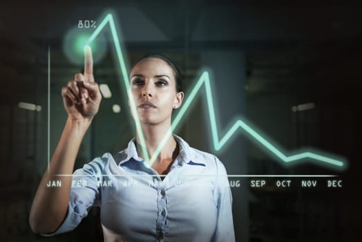 Business woman, graph and finance with overlay, calendar and thinking with investment, growth or revenue. Person, stock market or economy with point at holographic chart for data analysis in night