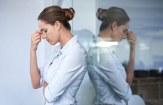 Depression, headache and professional woman sad, tired and stress over company mistake, disaster or fail. Mental health risk, window reflection and administration worker overwhelmed with anxiety