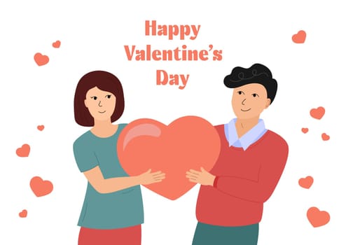 Happy Valentines Day greeting card. Couple in love. Smiling woman and happy man holding huge heart together. Sweethearts flat vector illustration. Valentine celebration romantic poster, banner