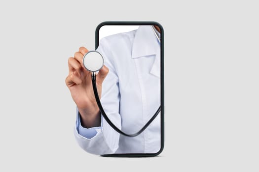 Caucasian millennial doctor in white coat, listen breathe with stethoscope on big phone screen
