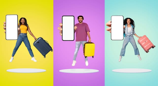 Happy Multiethnic People Jumping With Luggage And Showing Big Blank Smartphone