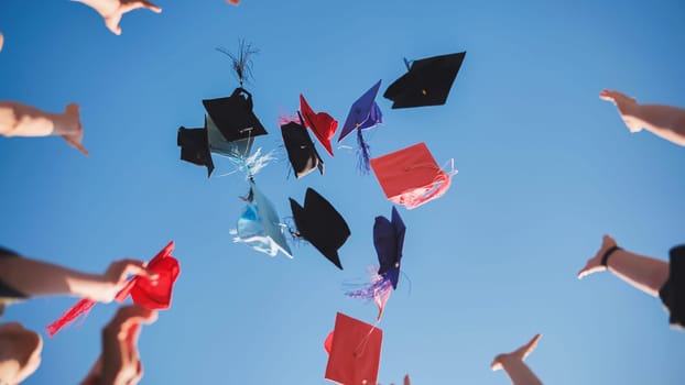 Graduates tossing multicolored hats against a blue sky.