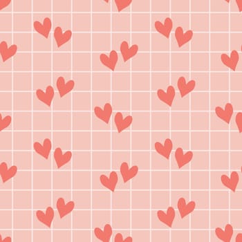 Seamless pattern with small hearts on a checkered background. The pink background for the day of St. Valentine