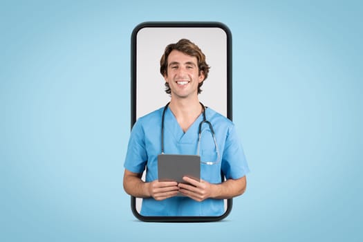Smiling man nurse in virtual phone app, healthcare access