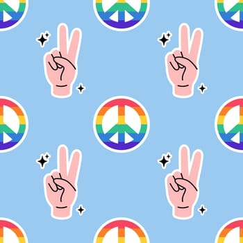 Seamless Pattern with Human hand showing peace, victory gesture and peace sign in LGBT flag colors. Vector illustration