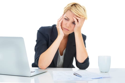 Business woman stress at laptop, paperwork and audit report for bankruptcy in studio on white background. Frustrated accountant, computer or worry of tax documents, debt crisis or financial challenge