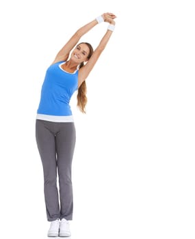 Woman, fitness and stretching in studio for workout, training or wellness on white background. Portrait of athlete or model with muscle health, arms in air and exercise for pilates or sports warm up