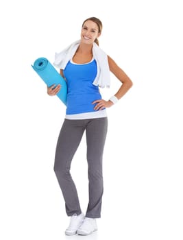 Yoga mat, health and portrait of woman in studio for health, body or pilates workout. Sports, towel and happy young female person with equipment for exercise or training isolated by white background.