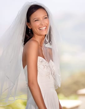 Woman, bridal fashion and smile on wedding day in outdoors, veil and laughing in nature. Female person, makeup and happy for marriage or commitment, cosmetics and luxury dress for party or ceremony