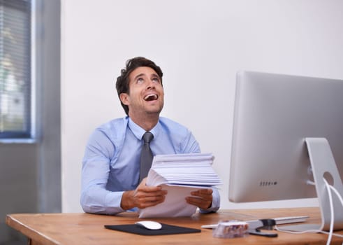 Businessman, paperwork and frustrated at desk in office with burnout, mental health and deadline. Entrepreneur, person and stress with documents at workplace for overwork, anxiety and career fail