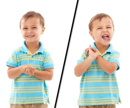 Child, two personality and mood happy or naughty boy in studio, white background or mockup space. Male person, kid and portrait or learning development for expression behavior, opposite or comparison