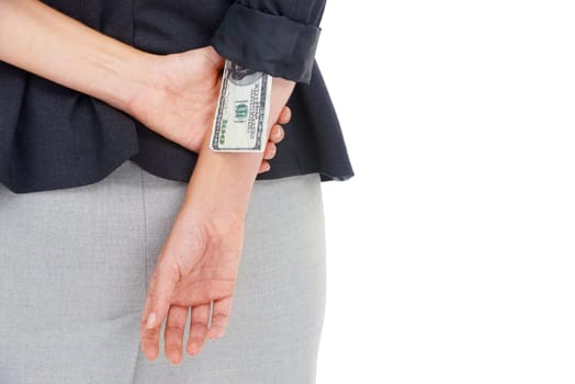 Cash, hidden or hands of manager in studio for illegal payment, corruption or secret scam. Sleeve closeup, white background or businesswoman stealing dollars for bribery, fraud or money laundering