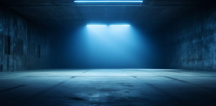 Sci Fi futuristic Neon Blue Concrete Garage Underground Cyber Virtual Lines Pillars Pantone Classic Spaceship Showroom 3D Rendering Illustration