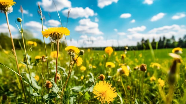 A stunning natural landscape unfolds in a meadow with lush green grass and vibrant yellow dandelion flowers, set against a backdrop of a dreamy blue sky with fluffy clouds. It epitomizes the perfect essence of summer and spring.