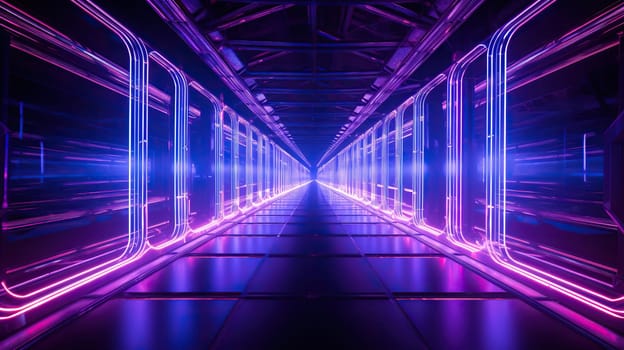 Abstract tunnel background with neon ultraviolet glow. Generated by artificial intelligence