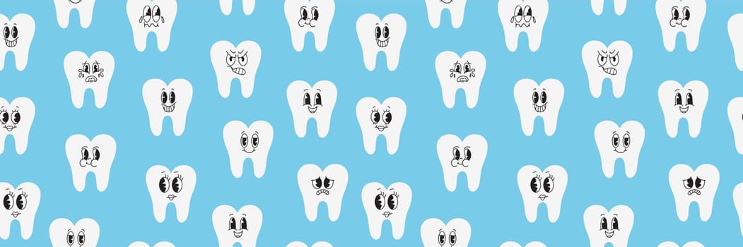Seamless pattern with cute teeth. White teeth in kawaii style. Dental cute background. Illustration for a pediatric dentist's office, pediatric dentistry. Vector