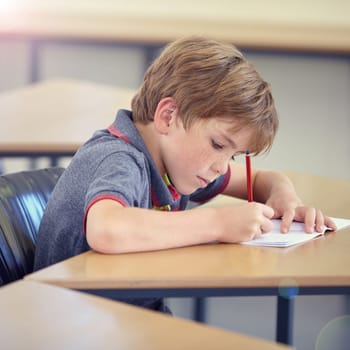 Child, student and writing in classroom for learning, education and development in language quiz or test. Smart boy or kid with notebook for school progress, creativity and knowledge at his desk