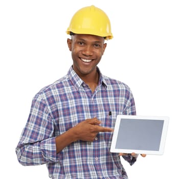 Tablet, pointing and portrait of construction worker on a white background for internet, website and online. Engineering, maintenance and black man on digital tech for building, inspection or network