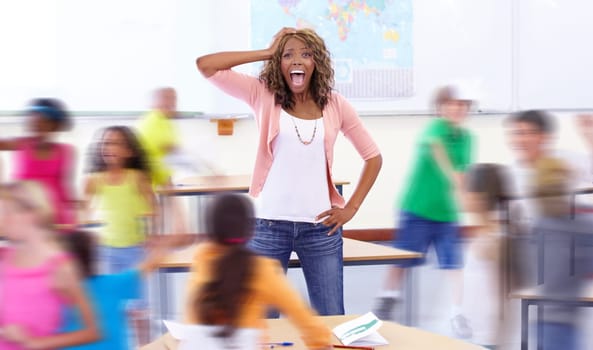 Headache, portrait or teacher in classroom with kids in school for noise, motion blur or children. Frustrated, students or black woman shouting with anxiety or stress for learning or teaching problem