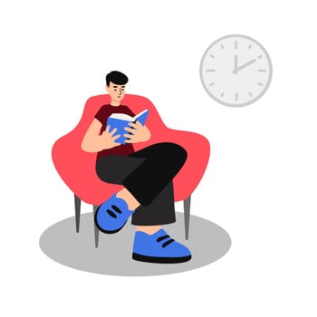 Man reading book smiling sitting on sofa in library clock on wall isolated vector
