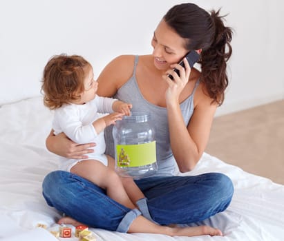 Happy, mom and phone call with baby in home talking on bed with child playing with toys, Smartphone, conversation and mother speaking online, communication and caring for kid in bedroom with blocks