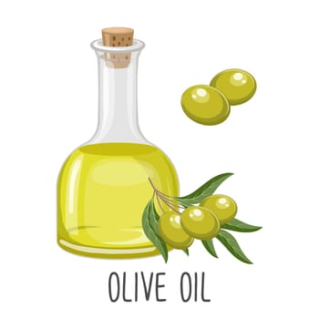 Olive oil and twigs with olives and leaves. Food illustration