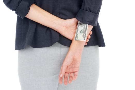 Stealing, money or hands of business woman in studio for illegal payment, deal or secret scam. Cash in sleeve, white background or financial manager with dollars for bribery, fraud or crime closeup